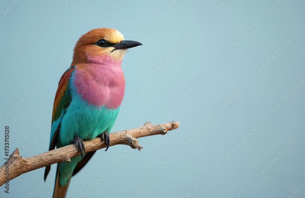 Obraz premium Lilac breasted roller bird with vibrant blue, pink, and tan feathers rests on a dry branch against a soft blue sky background. Wildlife creature observed in its natural habitat.