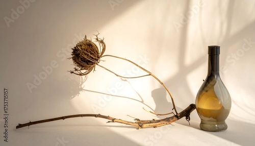 A still life presents a dried flower with a long stem, and a brown glass bottle casting shadows on a beige backdrop