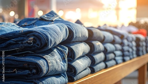 A shallow focus captures stacks of denim jackets and jeans, possibly for sale. The warm sunlight adds a glow to the stacked fabric