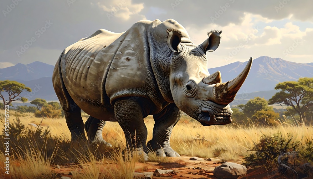 Fototapeta premium A solitary, massive rhinoceros stands proudly in an arid savanna landscape under a partially cloudy sky, mountains in the distance