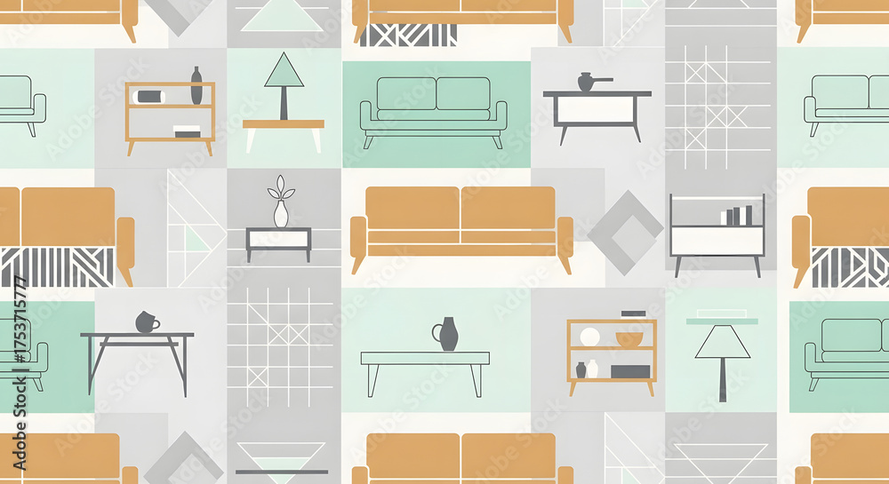 Seamless pattern background featuring abstract furniture motifs like stylized sofas, tables, and shelves in a Scandinavian style. 