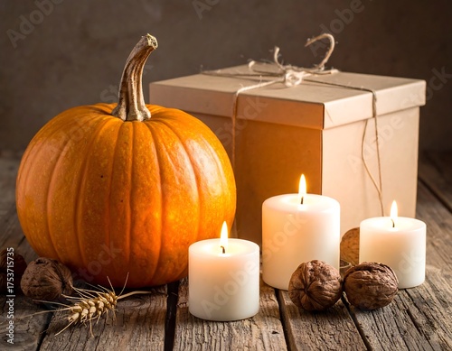 A still life scene featuring a ripe pumpkin, lit candles, a wrapped gift, walnuts, and wheat, set on a weathered wooden surface