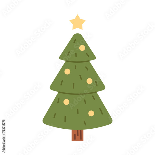 Vector illustration of cute simple green Christmas tree with yellow decorations and star on top, isolated on white background. Flat holiday icon for winter, greeting cards, and festive decoration.