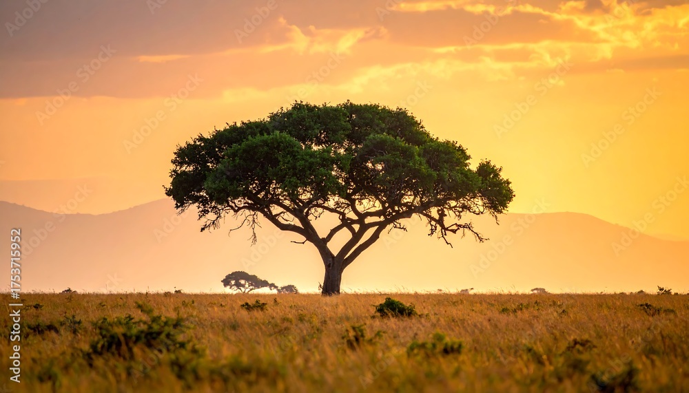 Naklejka premium A solitary, lush, green-crowned tree stands majestically in an open, golden savannah under an apricot-hued sky, with hazy mountains in the distance