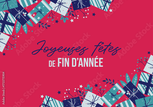 Joyeuses fêtes de fin d'année – Illustration festive pour Noël et vœux – Arrière-plan avec paquets cadeaux colorés, décorations végétales, flocons et étoiles – Typographie moderne