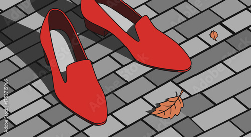 Red shoes on ground with dry leaves for fashion or mystery visuals
