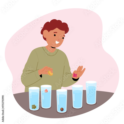 Schoolboy cartoon character conducting water density physics experiment in science classroom