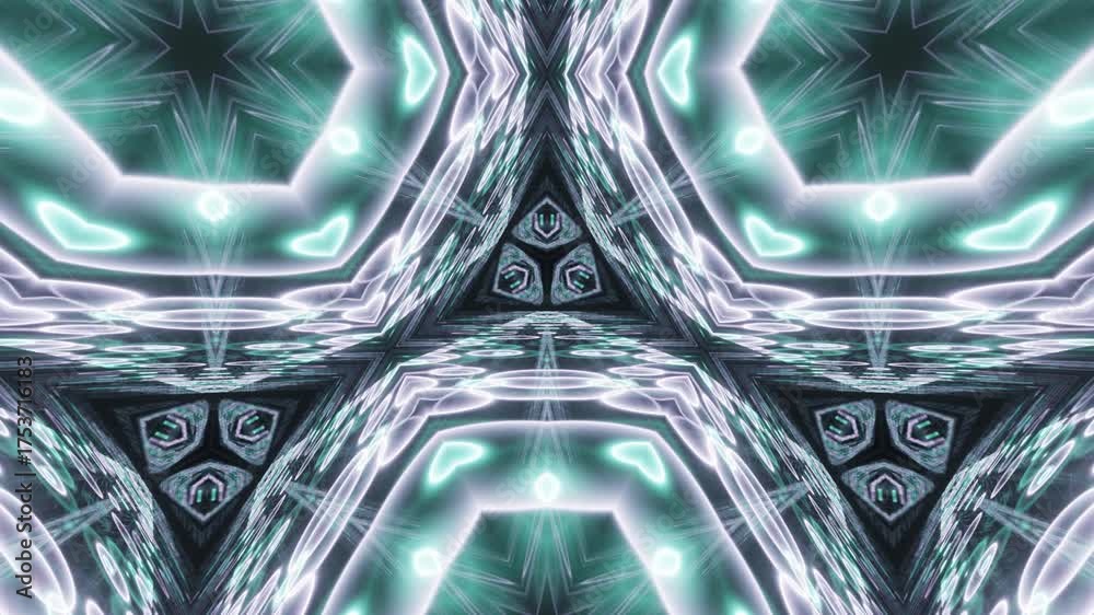 Neon Genesis Matrix: A digital rebirth of light and form, where classic kaleidoscopic patterns are reimagined through a grid of glowing hexagons and acid-washed fractals