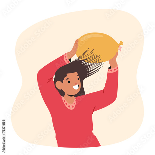 Schoolgirl cartoon character conducting static electricity physics experiment with balloon and hair