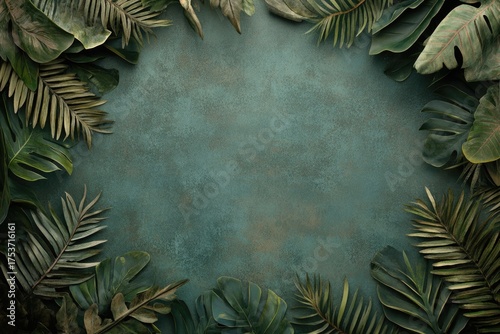 Frame of tropical jungle leaves on textured green background. Exotic foliage composition with copy space, for botanical design, summer invitations, natural lifestyle, travel, eco concepts, backdrops
