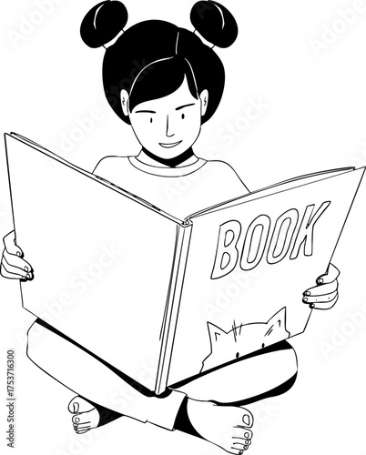 A preschool or elementary school age girl is sitting and reading a large book. Vector illustration.