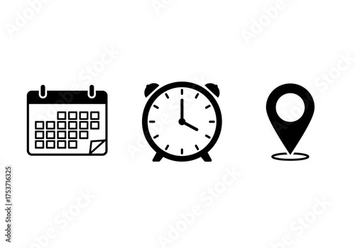 Calendar, clock and location icon set in black and white.