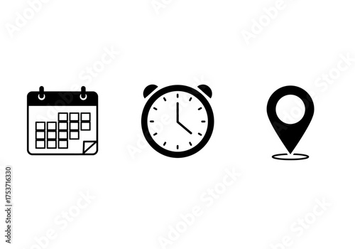 A set of three black icons representing a calendar for date, a clock for time, and a pin for location.