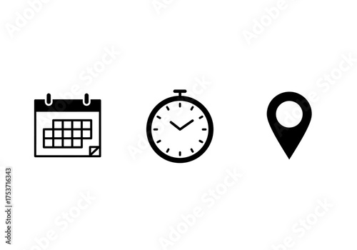Three icons representing a calendar, a clock, and a location pin, symbolizing time, date, and place.