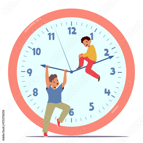 Cute funny children playing with huge clock exploring time and numbers having fun while learning
