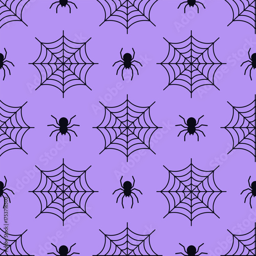 Seamless Halloween pattern with black spiders and spider webs on a purple background. For wrapping paper, card, textile, print packaging, wallpaper, fabric, crafts, spooky festive design. Flat vector.