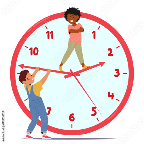 Schoolchildren interacting with giant clock, learning to tell time while developing punctuality