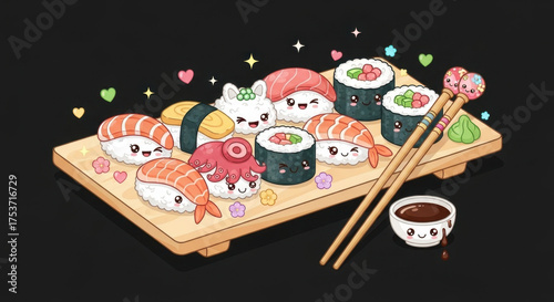 Cute Kawaii Sushi Set with Characters, a Japanese Food Illustration