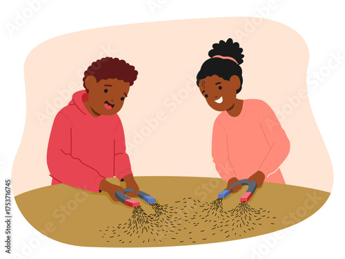 Girl and boy classmates studying magnetic field lines during physics science lesson at school scene