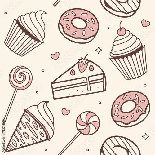 Charming hand drawn seamless pattern featuring delightful cupcakes and sweet dessert illustrations perfect for bakery branding and whimsical designs