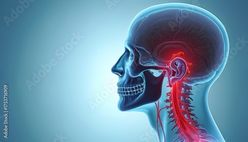 Human head anatomy, showing trigeminal nerve pain, cranial nerves, brain and spinal cord. Medical illustration highlights pain areas in red.