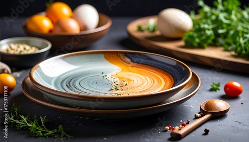 A still-life arrangement of ingredients eggs, bowl, greens, and spices surrounding a spiral-patterned plate on a dark surface