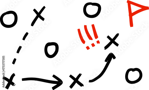 Hand-drawn sports tactics sketch illustrating team movement and strategic plays. Dynamic arrows and player positions for clear gameplay visualization.