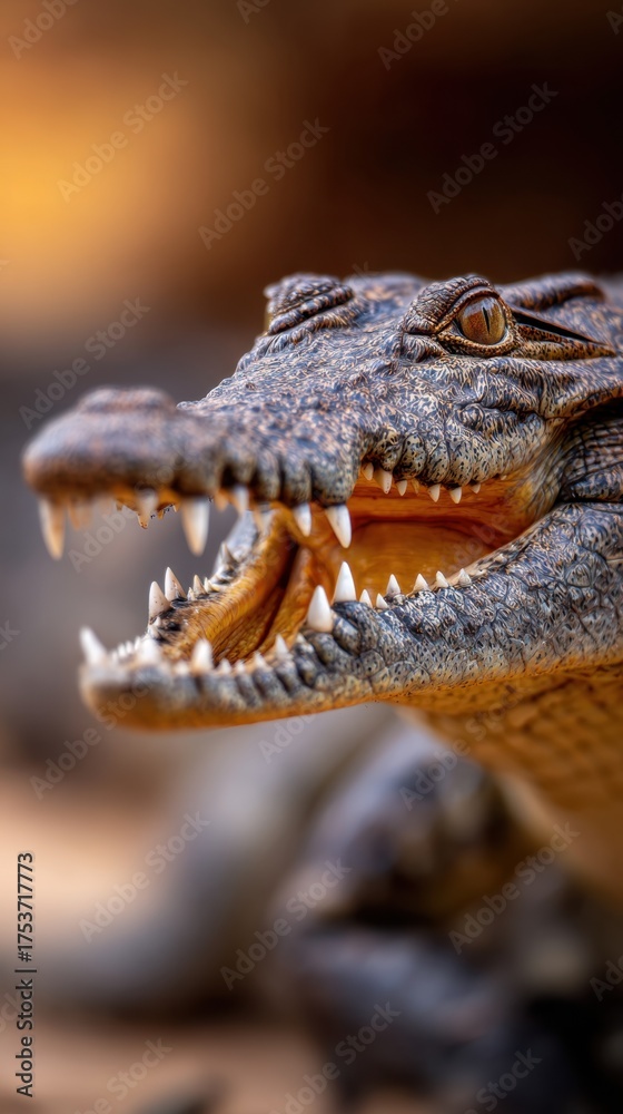 Fototapeta premium Close-up view of a crocodile's fierce expression in a natural habitat with blurred background elements