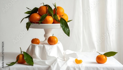 A still-life composition of vibrant citrus fruits and leaves arranged on a white cake stand, draped with fabric, against a soft, white backdrop