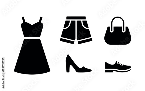 Vector art of fashion icon set featuring dress, shorts, and accessories