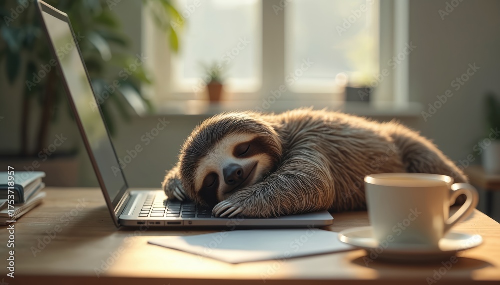 Fototapeta premium Sloth sleeps on laptop keyboard at office desk. Animal rests head on keys. Coffee cup and notebook are nearby. Relaxed sloth in workplace setting. Lazy creature takes nap on computer.