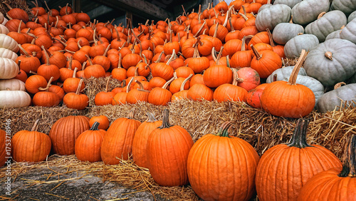Collection of orange pumpkins placed on straw, symbol of autumn harvest and natural rural farming.