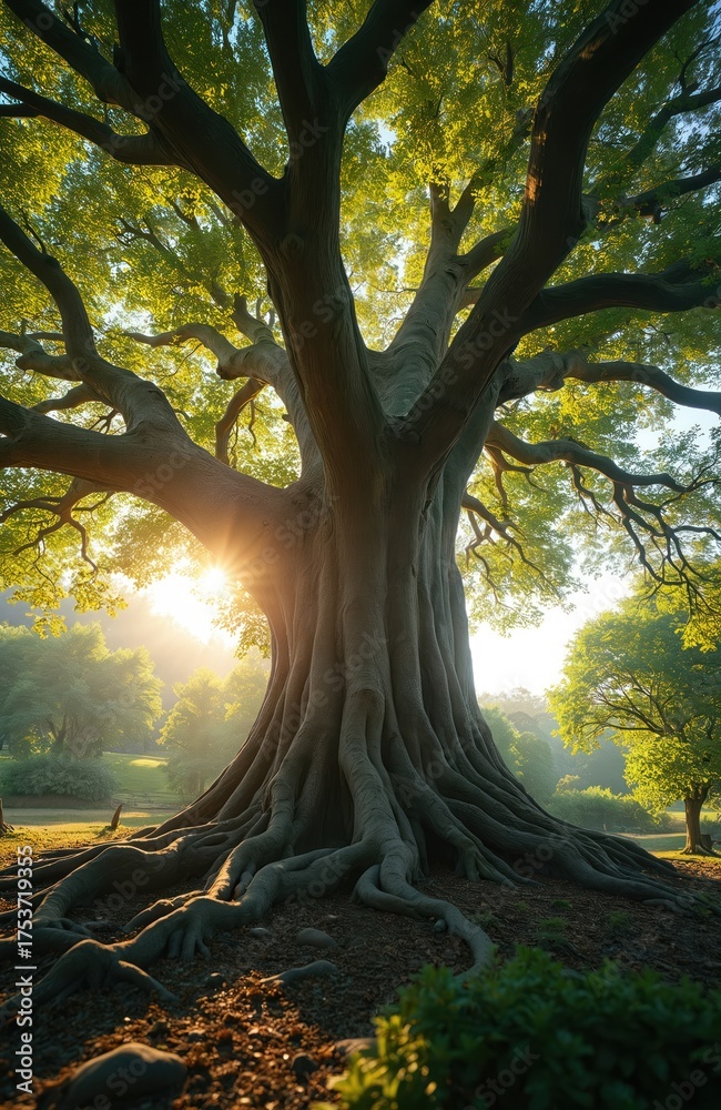 Fototapeta premium Majestic tree stands tall with complex roots, branches. Sun shines through leaves in forest. Old giant tree life power, nature beauty. Roots intertwine with earth. Green nature backdrop landscape.