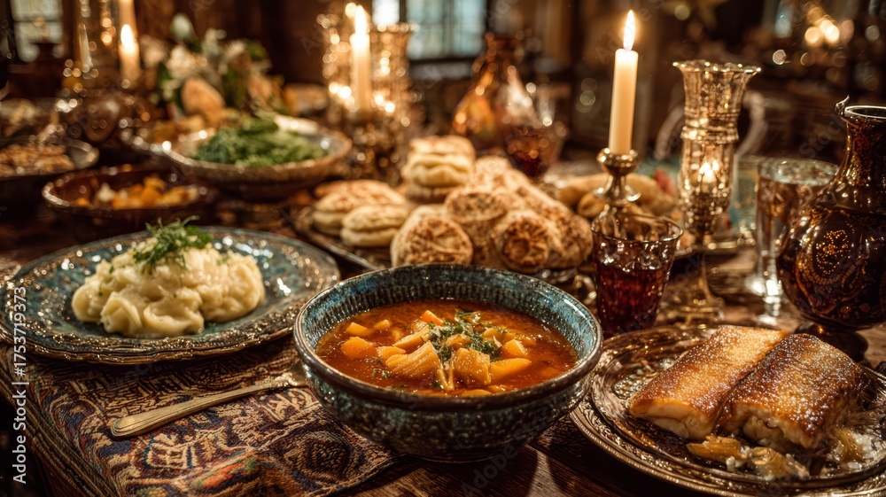 Naklejka premium Vibrant table setting featuring an array of traditional dishes, including soup, bread, and vegetables, illuminated by candlelight, creating a warm and inviting dining atmosphere
