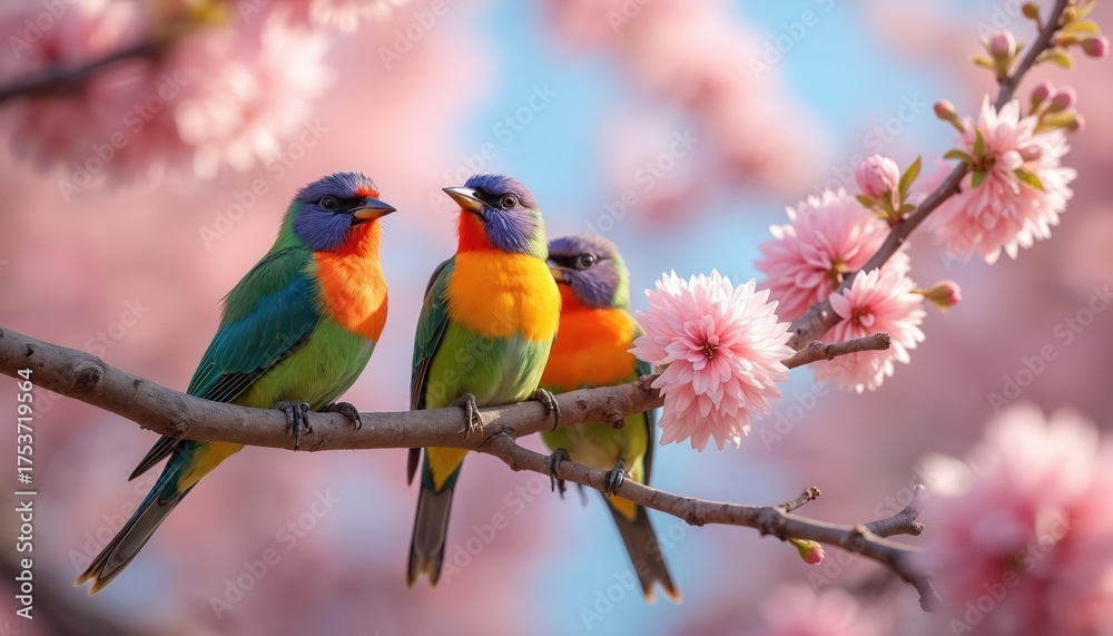 Obraz premium Three colorful birds perch on branch. Delicate pink blossoms surround vibrant birds. Nature photo shows spring season. Artwork presents a joyful mood of fresh colors. Perfect for art lovers.