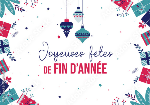 Joyeuses fêtes de fin d'année - Cadeaux et boules de neige de Noël - Bannière pour les fêtes de Noël ou le jour de l'an - Arrière-plan festif, vacances d'hiver