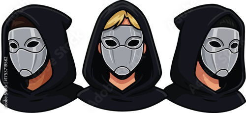 Three hooded figures wearing futuristic metallic masks in mysterious dark cloaks vector illustration 
