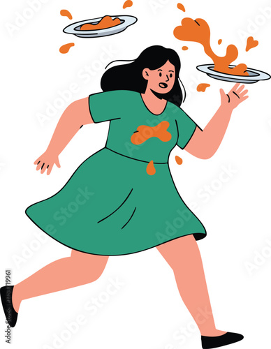 Woman Carrying Plates of Food Running in Green Dress Spilled Sauce Vector Illustration 