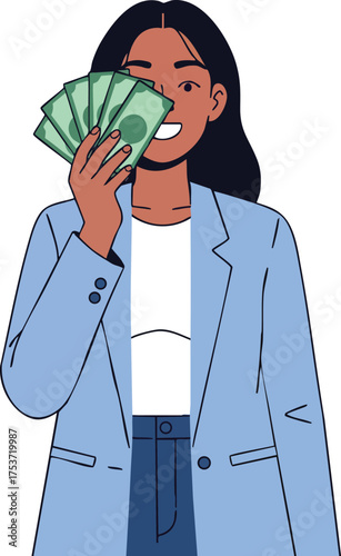 Woman holding money bills smiling in blue jacket and white shirt financial success concept vector illustration 