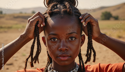 Himba girl braiding hair in traditional attire under sunlight outdoors  