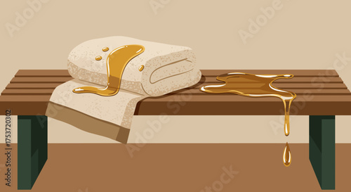 Towel on wooden bench with oil for spa and wellness visuals
