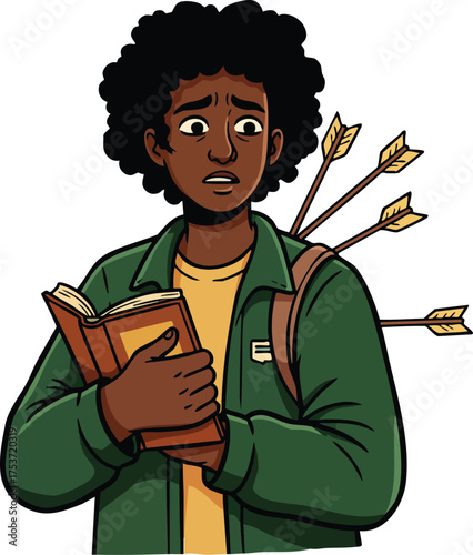 Young man with arrows in back holding book looking concerned vector illustration 
