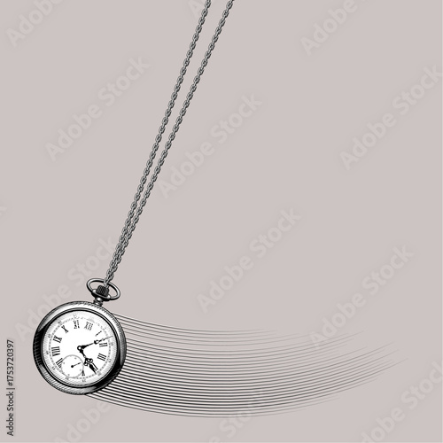 Antique pocket watch on a chain, swinging like a pendulum and leaving a shaded trail behind. Vector illustration in black and white vintage engraving style