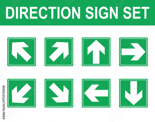 Comprehensive Directional Arrow Sign Vector Set. Green Square Safety Pictograms for Emergency Exit, Evacuation, and Wayfinding Navigation.