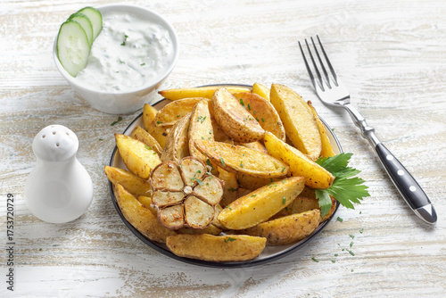 Golden baked potato wedges with garlic, spices and Greek tzatziki sauceon rustic plate. Tasty homemade snack or side dish, healthy vegetarian food