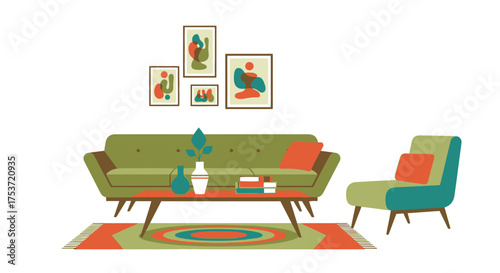 Mid-century modern living room furniture set illustration.