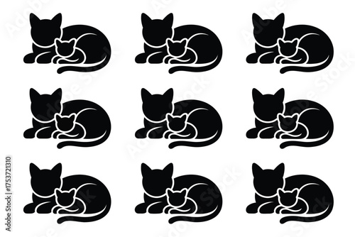 Vector art of silhouette of a cat and kitten in various poses
