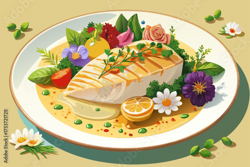 vector of A premium velouté sauce poured over a pan seared white fish fillet and garnished with vibrant edible flowers and fresh greens on a delicate white.
