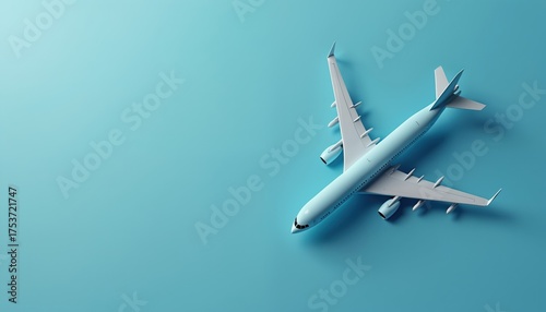 Minimalist aerial view of airplane on blue background. Modern aviation concept for business holiday trip. Travel theme illustration for banner, advert article. Flight design element on sky backdrop.