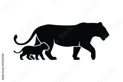 Vector art of silhouette of a lioness walking with her cub